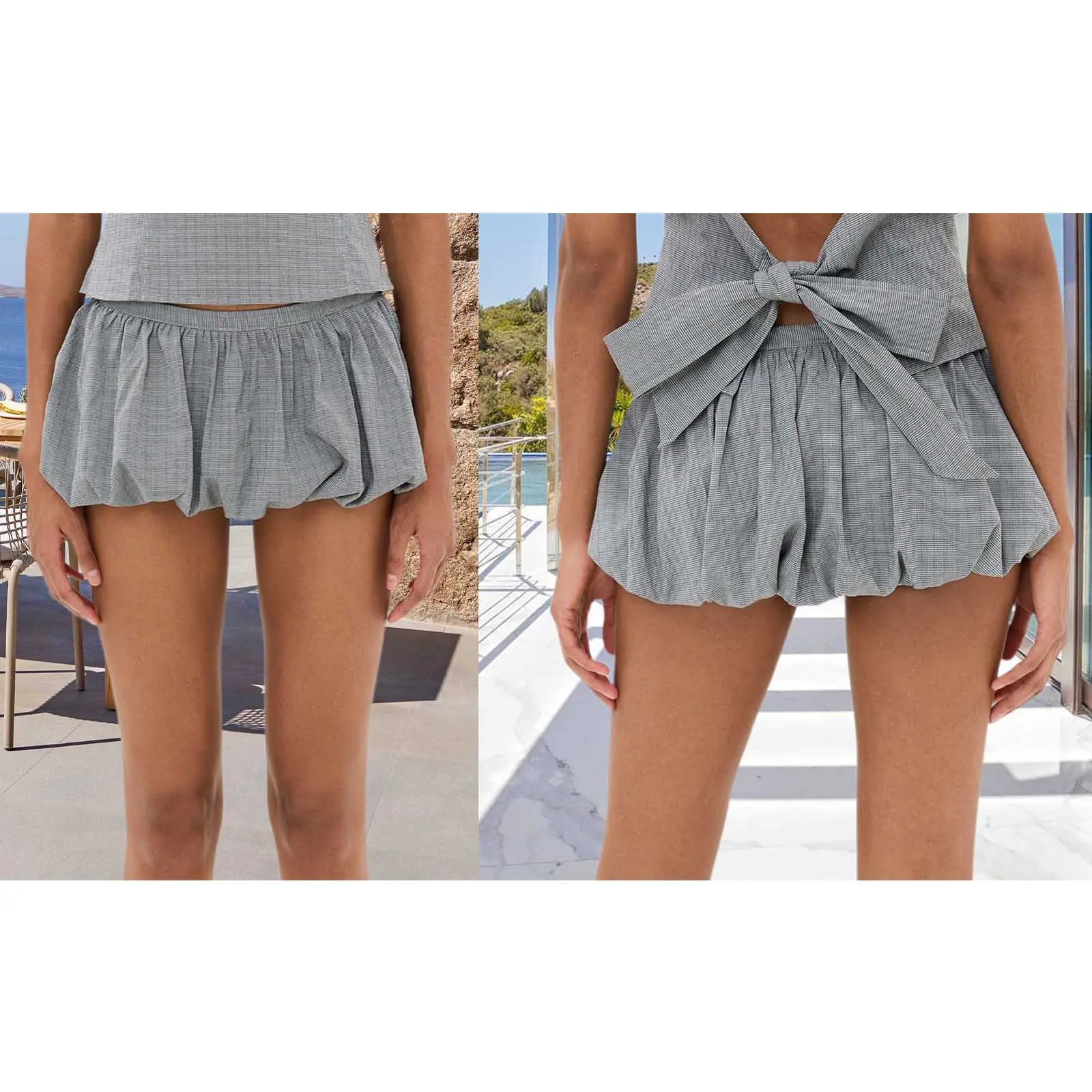 Women’s Summer Lounge Shorts Fashion Plaid Print Mid Waist Bubble Shorts Mini Skirts Skorts