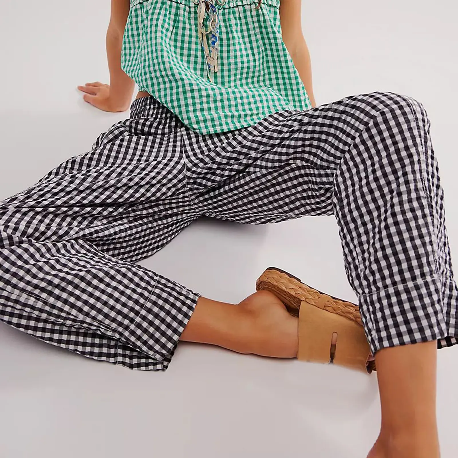 Women's Casual Spring Summer Baggy Pants Elastic Waistband Wide Leg Plaid Pants with 2 Pockets Women Pants Streetwear