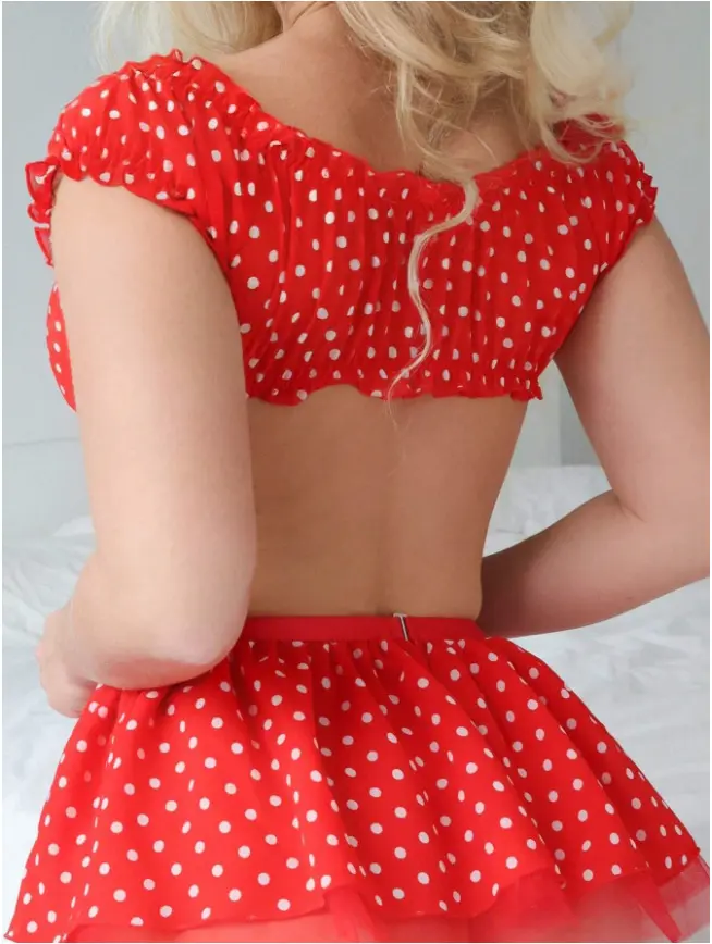 Women's Lingerie Outfits Off Shoulder Crop Tops + Dot Print Mini Skirt + Thong Babydoll Sleepwear 3PCS Exotic Sets