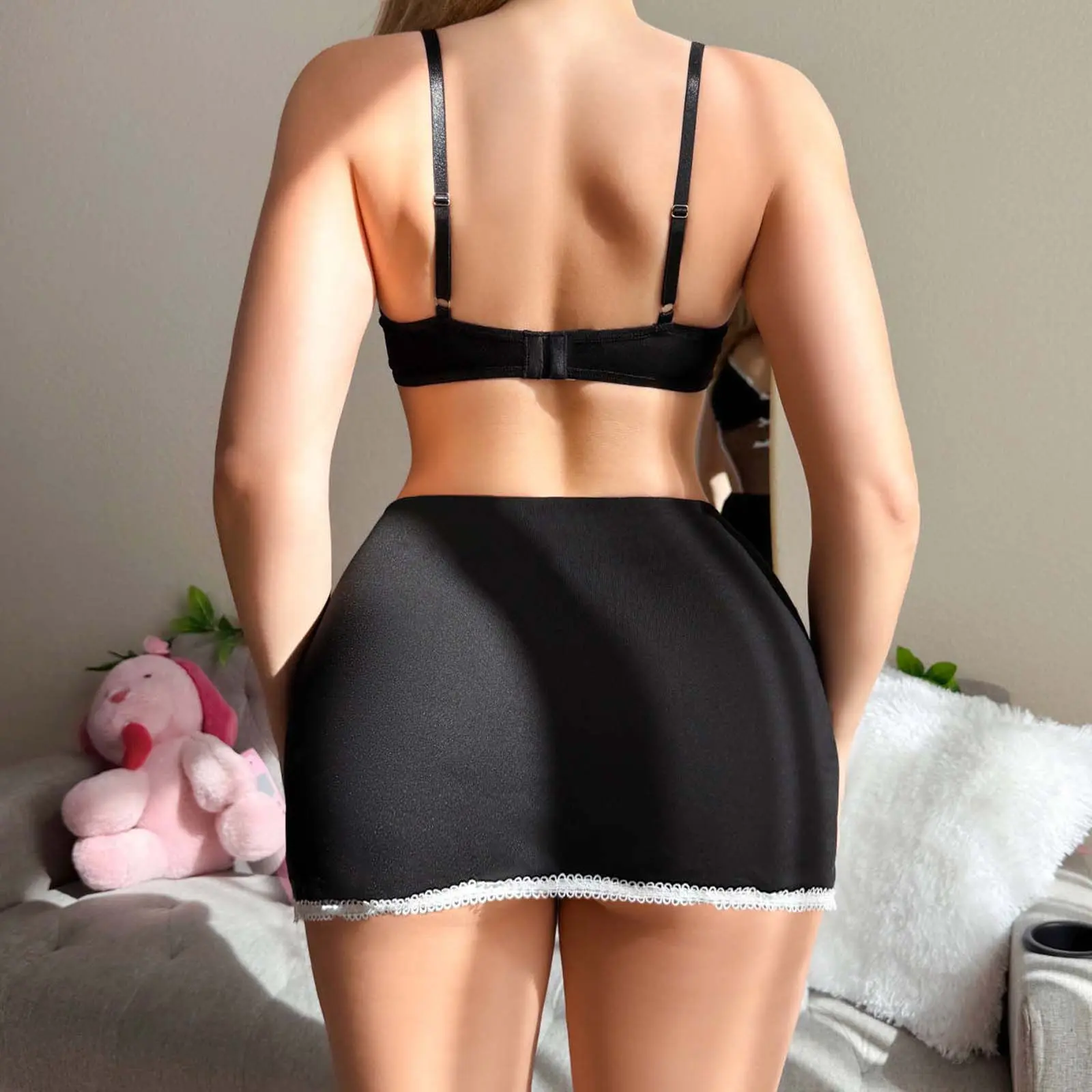 Womens Lingerie Nightwear Sexy Ladies Hollow Out Sheer Contrast Trim Mini Bows Black Sleeveless Babydoll Dress