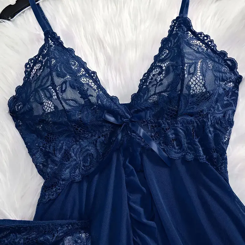 Halter Summer Dress V-neck Lace Tulle Nightgown Sexy Panties Women's Pajamas Plus Size Lingerie Delicate Set Ultra-thin Homewear