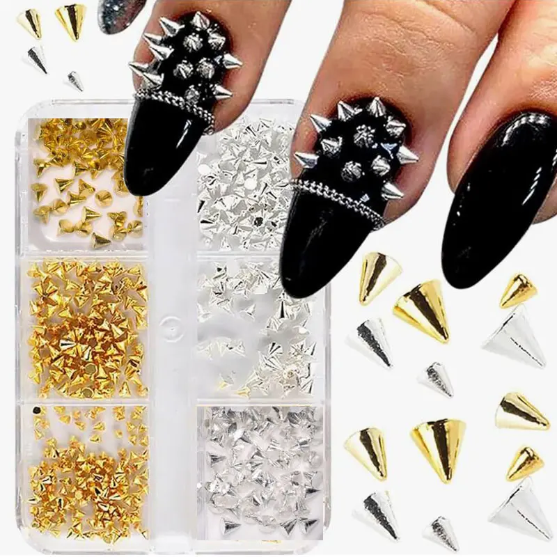 6Grids 3D Punk Metal Rivet Nail Charms 1.5/2/3mm Gold/Silver Round Cone  Studs Nail Jewels Decoration DIY Crafts Manicure Supply