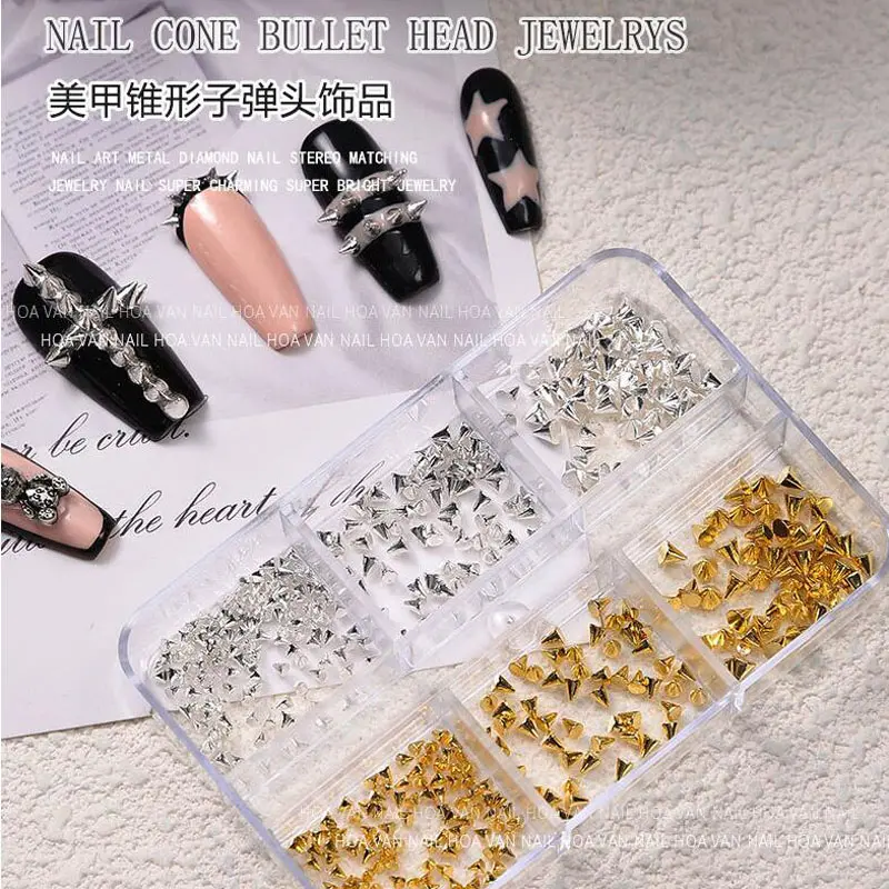 6Grids 3D Punk Metal Rivet Nail Charms 1.5/2/3mm Gold/Silver Round Cone  Studs Nail Jewels Decoration DIY Crafts Manicure Supply
