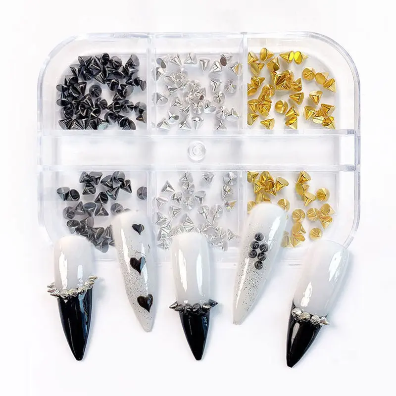 6Grids 3D Punk Metal Rivet Nail Charms 1.5/2/3mm Gold/Silver Round Cone  Studs Nail Jewels Decoration DIY Crafts Manicure Supply