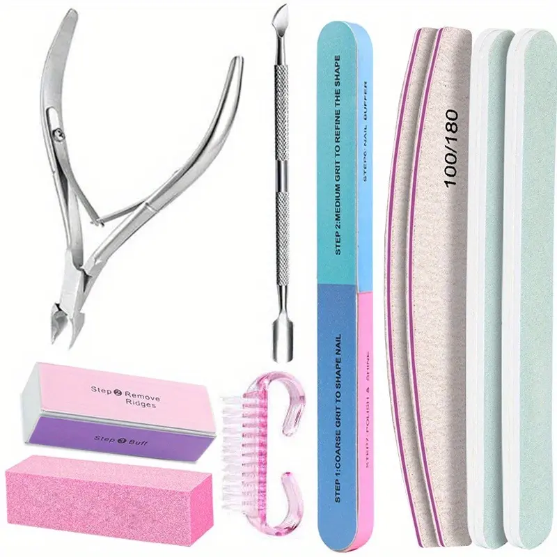 10Pcs/lot Nail Art 100/180 Grit Professional Files Buffer Sponge Block Brush Nail Scissors Kit With Cuticle Nipper Pushers Manic