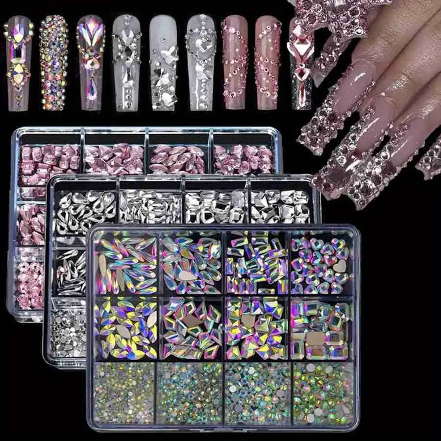12 Grid/Box 3D Nail Art Alloy Gem Rhinestone Jewelry Charms Heart Crystal Jewelry Stones Supplies For Nails Manicure Decoration