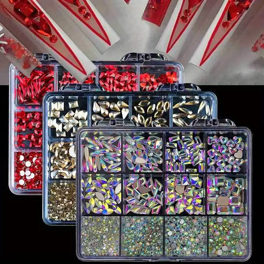 12 Grid/Box 3D Nail Art Alloy Gem Rhinestone Jewelry Charms Heart Crystal Jewelry Stones Supplies For Nails Manicure Decoration