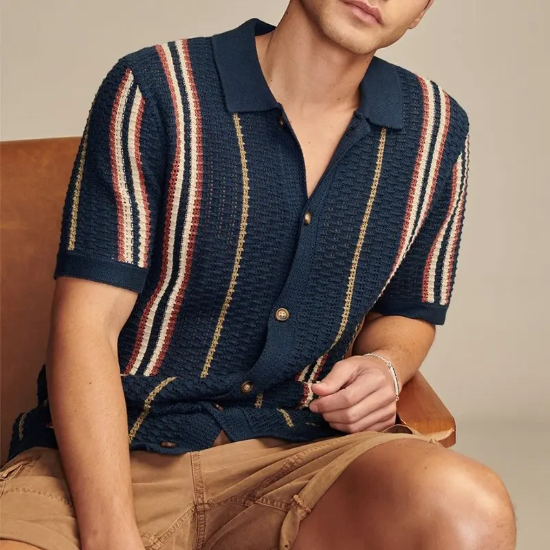 Men's Cardigan T-shirt Hollow Out Striped Knitted Polo Shirt Casual Button-down High Quality Fashion Streetwear Leisure Knitwear