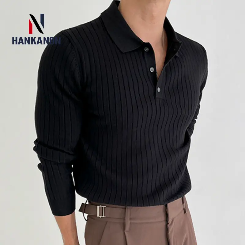 Striped Polo Shirt for Business and Casual Occasionsmen Breathable  Stretchy Slim  Knitted Pullover, Long-sleeve Sweater