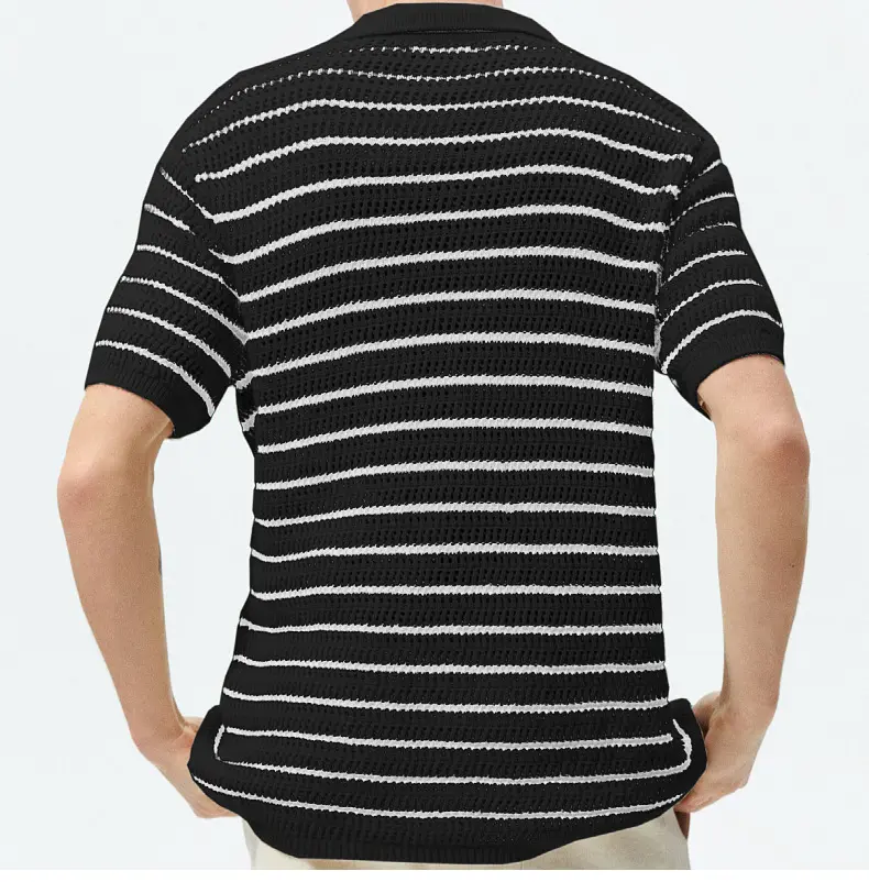 Men Luxury Hollow Knitwear Polo Shirt Short Sleeve Casual Streetwear Button Down Breathable Striped Contrast Knit Cardigan Tops