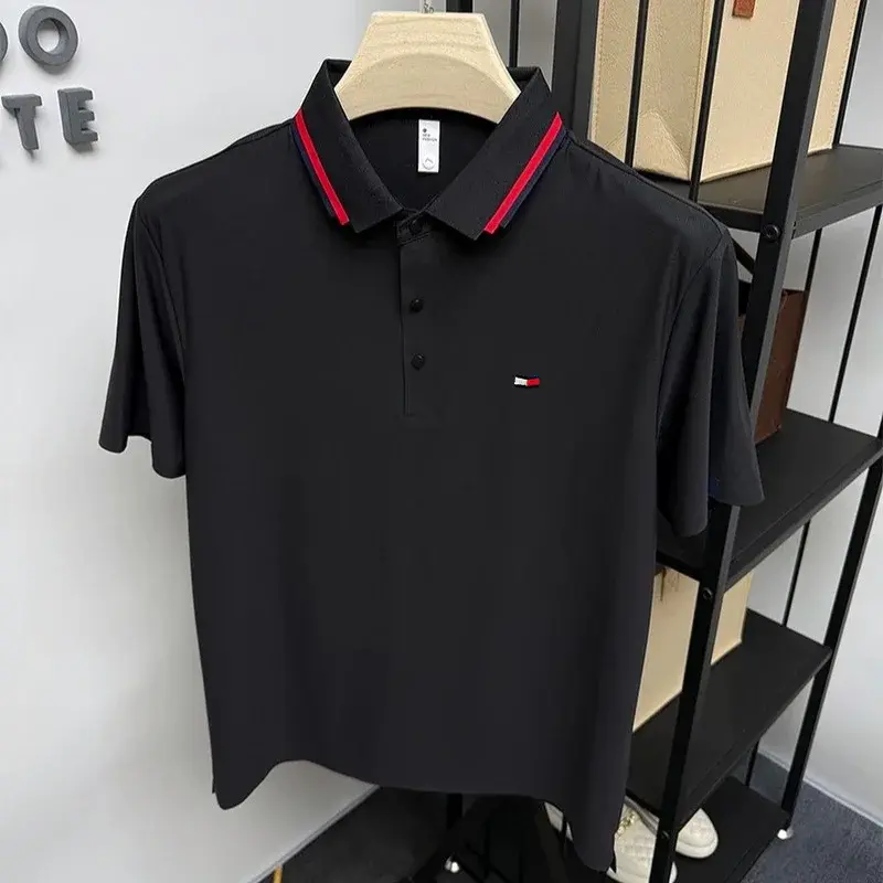 Luxury brand polo shirt embroidered short sleeved men's clothing 2025 summer new striped lapel cool breathable casual T-shirt