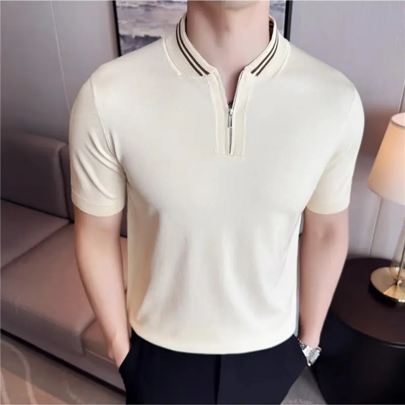 Chinese Style Striped Knitted Short Sleeved Polo Shirt Men Stand Up Collar Ice Silk Cool T-shirt Half Zip Casual Business Tshirt