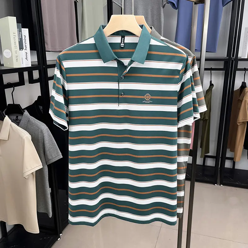 Classic stripe short sleeve men's polo shirt high-end brand letter emboss new top summer silky smooth breathable comfort T-shirt