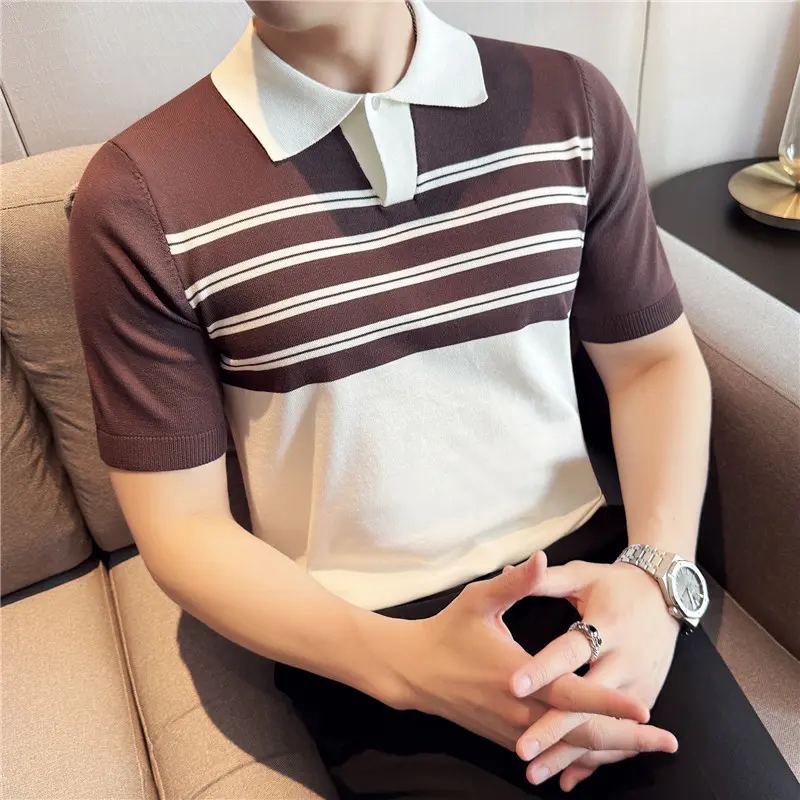Men Knitted Polo Shirts Short Sleeved Summer Ice Silk Light Thin Contrast Color Stripes Casual Top T-shirt Fashion Men Clothing
