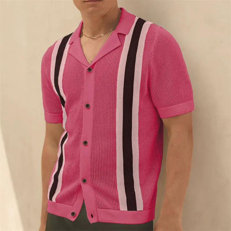 Mesh Breathable Striped Knitted Polo Shirts For Men Cuban Collar Summer High Quality Viscose Elastic Plus Size Camisas De Hombre