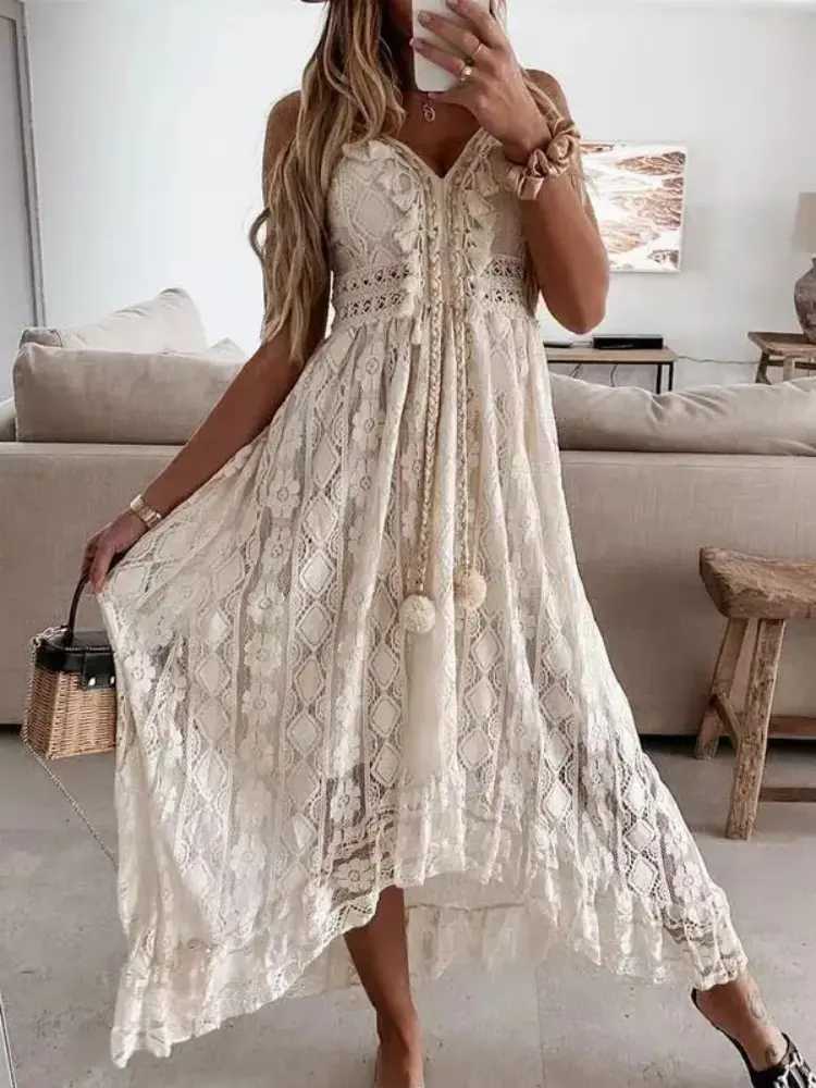 2024 Summer Lace Sleeveless Women Dress V Neck Hollow Out Elegant Loose Dresses Fashion Sexy Beach Vacation Long Dress