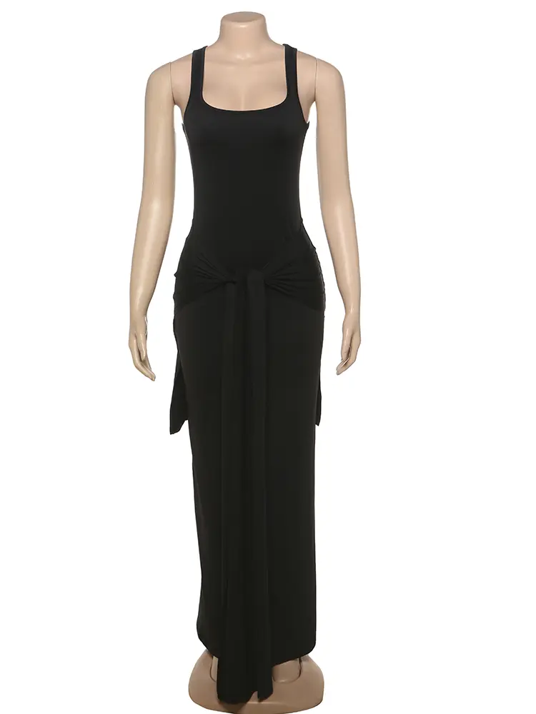 Weird Puss Casual Fashion Dress Women Summer Trend Square Collar Sleeveless Ruched Knot Daily Simple Comfortabl Long Bodycon