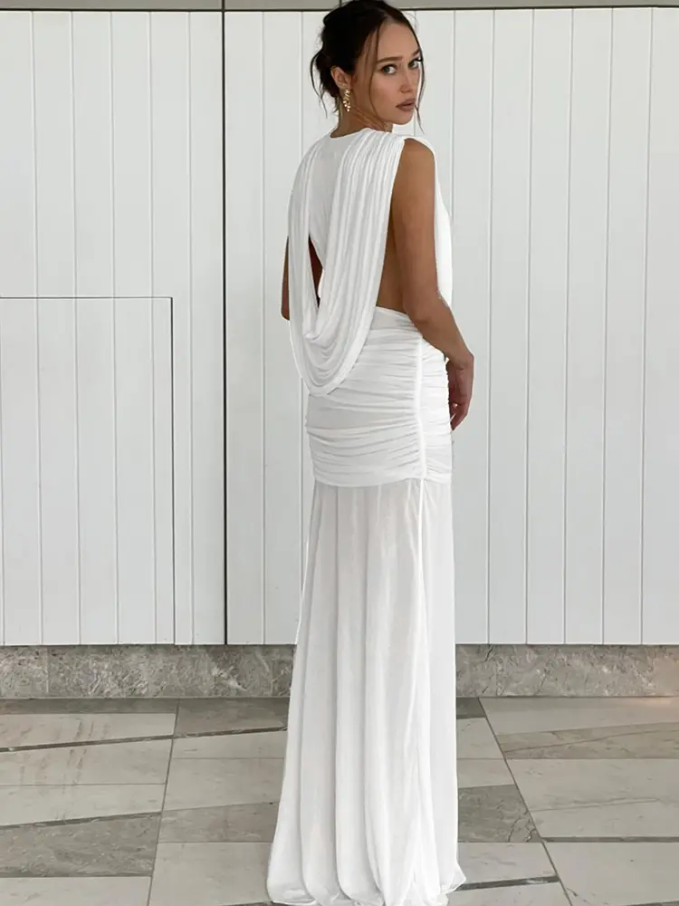Weird Puss Ruched Elegant Dress Women Sexy Deep V-Neck Sleeveless High Elasticity Wrap Buttocks Beach Party Solid Long Bodycon