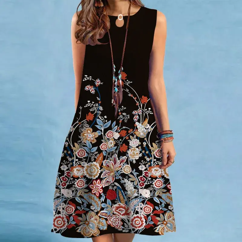 2023 Summer New Style European American Cross-Border Printing Long Dress Round Neck Casual Sleeveless Dress Plus Size Women's Cl