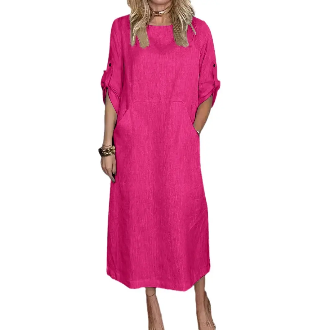 2025 Spring Cotton Linen Women Dress Long Black O-neck Short Sleeve Pockets Loose Dresses Female Casual Trendy Ladies Clothes