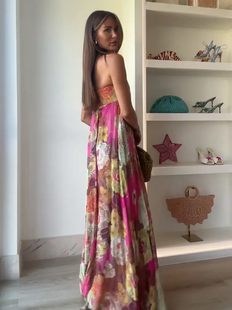 Women Fashion Flower Print Pleated Long Dress Sexy Backless Sleeveless Strapless Loose Vestidos 2025 Summer New Party Dresses