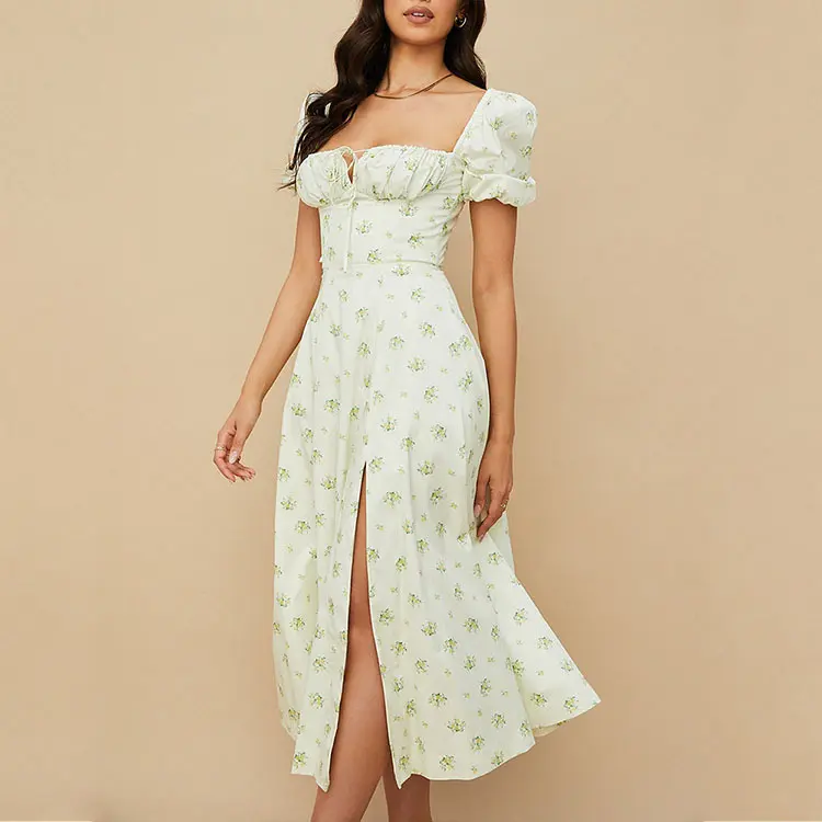 Women's Long Dresses Spring Summer 2025 Elegant Sexy Square Neck Lace Up Floral Dress Robe Longue Femme Vestidos Dama Платье Y2k