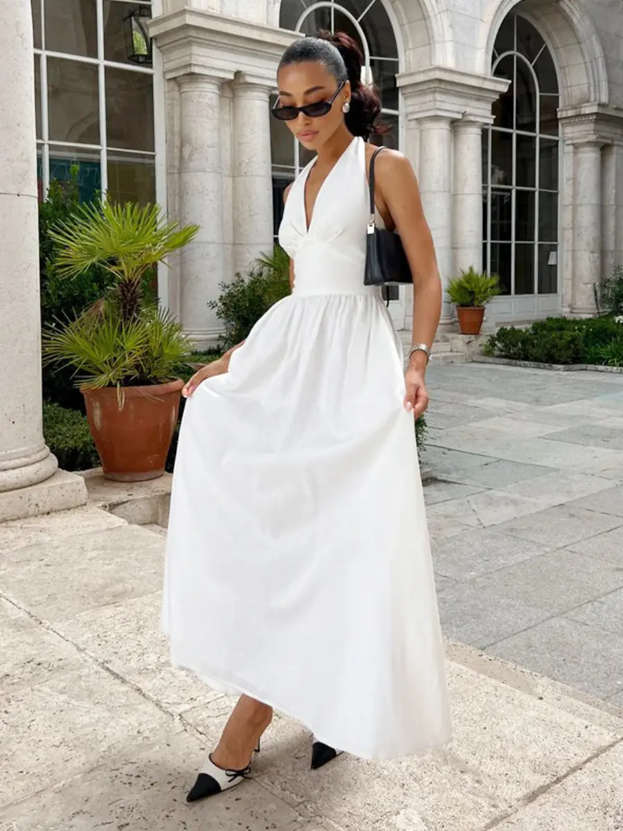 Bornladies Spring Summer New Women's Cotton Camisole Dress Female Waist Cinched V-neck Long Dress Fashionable Oversized Dress