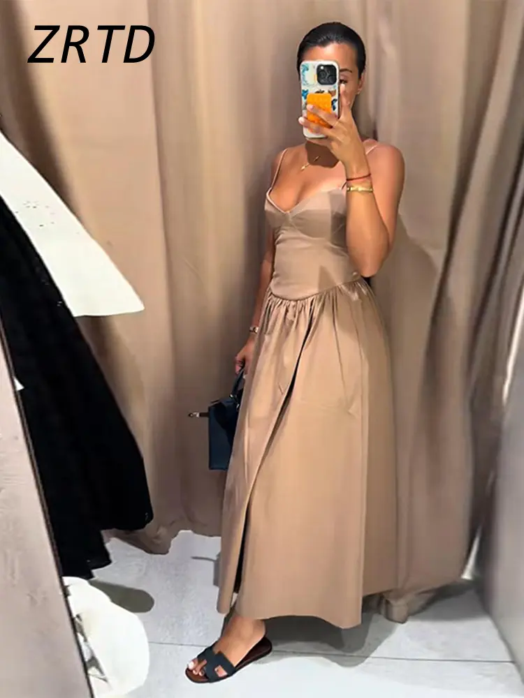 Sexy Sling Long Dress Women Pleat V-neck Backless Sleeveless A-line Female Holiday Dresses 2025 Summer Lady Solid Casual Robes