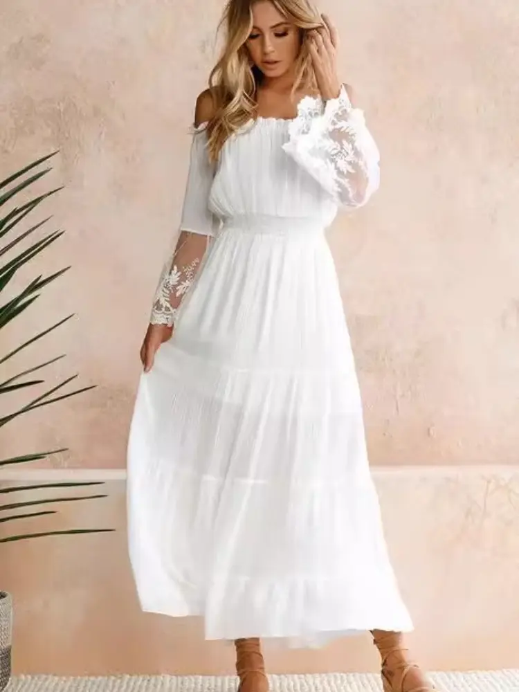 2025 Summer Fashion New Women's Bohemian Sexy Strapless Dress Lace Style Splicing Folded Vacation Beach A-line Long Dress