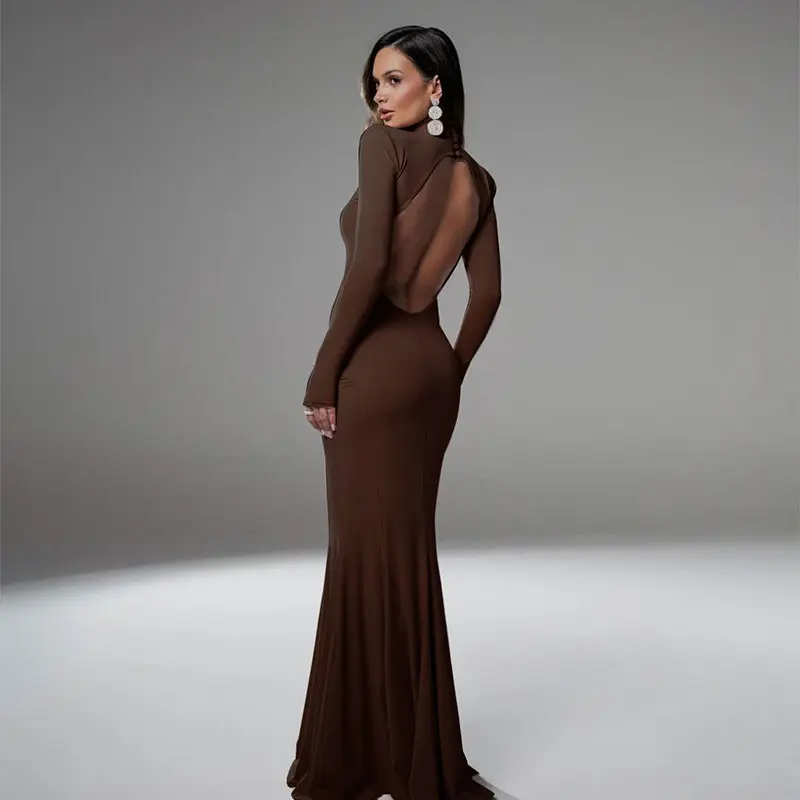 Long Sleeves Women's Dress Elegant Party Autumn Winter Sexy Backless Dress Streetwear Fashion Casual Slim Turtleneck Brown Dress
