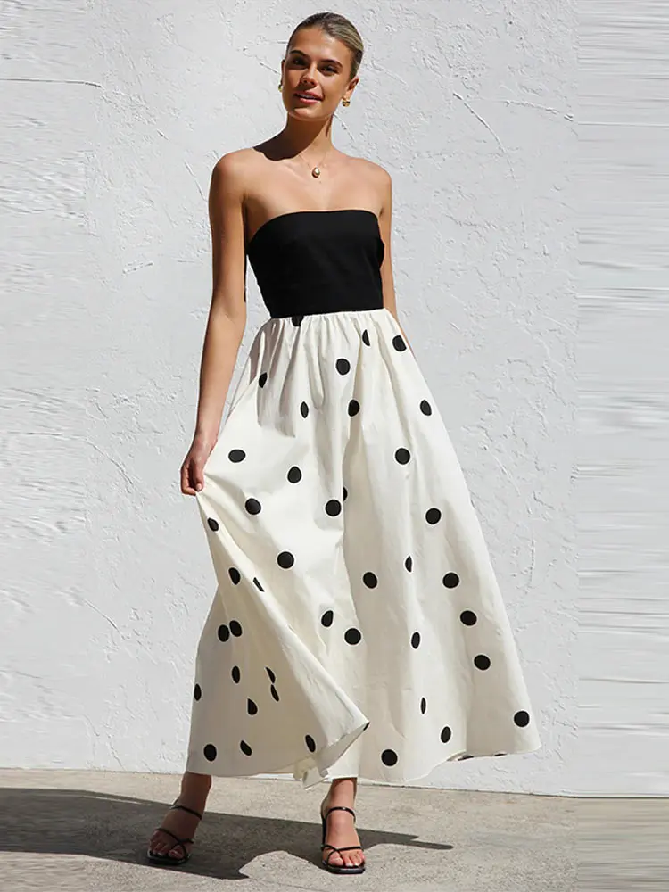 Sexy Patchwork Polka Dot Women's Long Dress Off Shoulder Waist Cinching Sleeveless Long Dressess Lady 2025 Summer Beach Vestidos