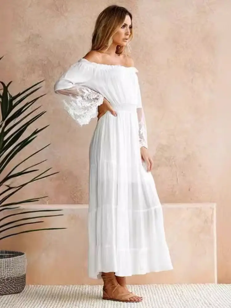 2025 Summer Fashion New Women's Bohemian Sexy Strapless Dress Lace Style Splicing Folded Vacation Beach A-line Long Dress