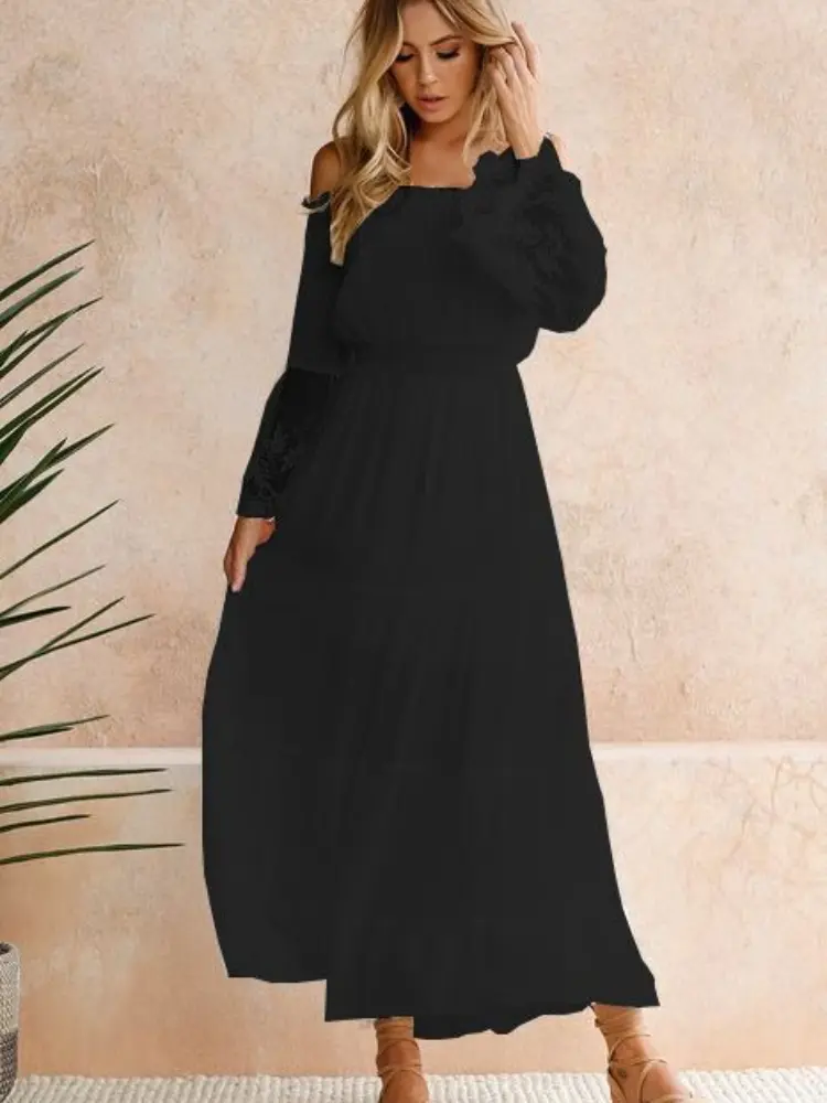 2025 Summer Fashion New Women's Bohemian Sexy Strapless Dress Lace Style Splicing Folded Vacation Beach A-line Long Dress