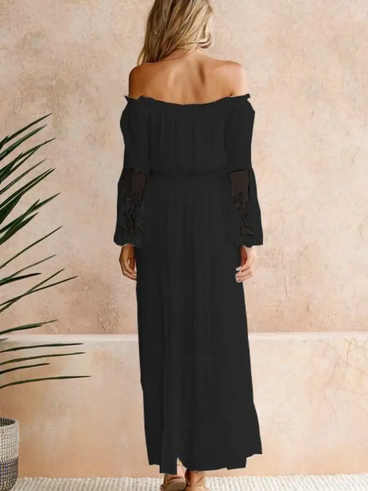 2025 Summer Fashion New Women's Bohemian Sexy Strapless Dress Lace Style Splicing Folded Vacation Beach A-line Long Dress