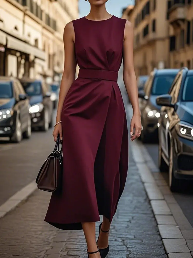 Causal High Waist Slim Maxi Dress Elegant O-neck Sleeveless Draped Long Dress Office Fashion Commuting Solid Party Dresses Women
