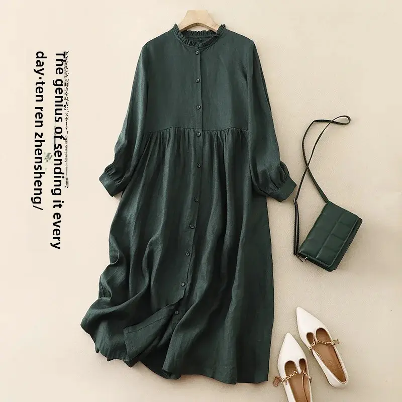 New Washable Linen Loose Cuff Sleeve Long Dress Coat Robe Open Cardigan Women's Clothing Artistic Style Middle Length Outerwear