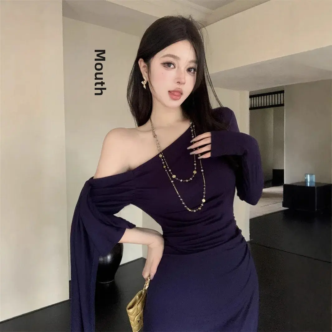 Elegant Long Sleeve Wrap Dress Women's Spring Autumn Wine Red Sash Shoulder Long Dress Sexy Pure Desire Asymmetrical Waist