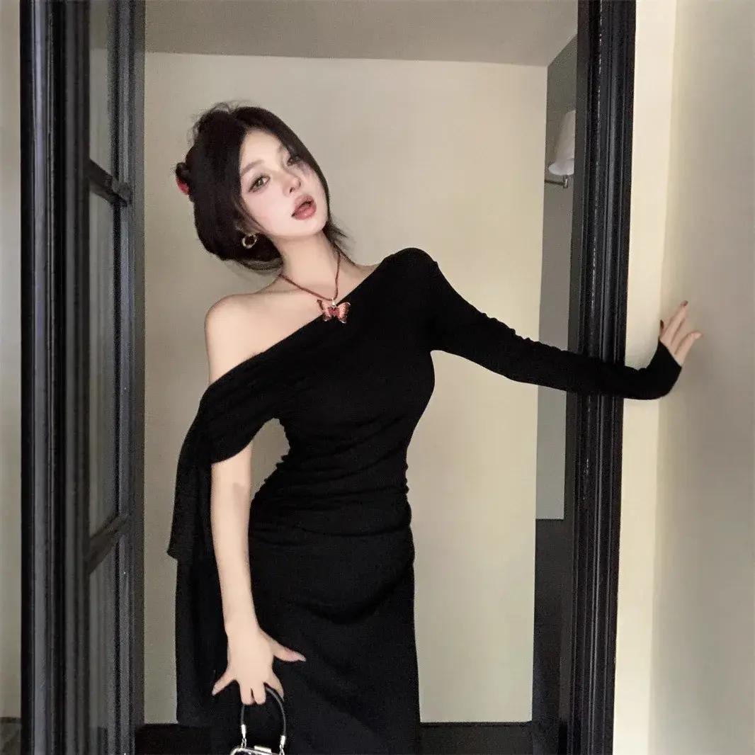 Elegant Long Sleeve Wrap Dress Women's Spring Autumn Wine Red Sash Shoulder Long Dress Sexy Pure Desire Asymmetrical Waist