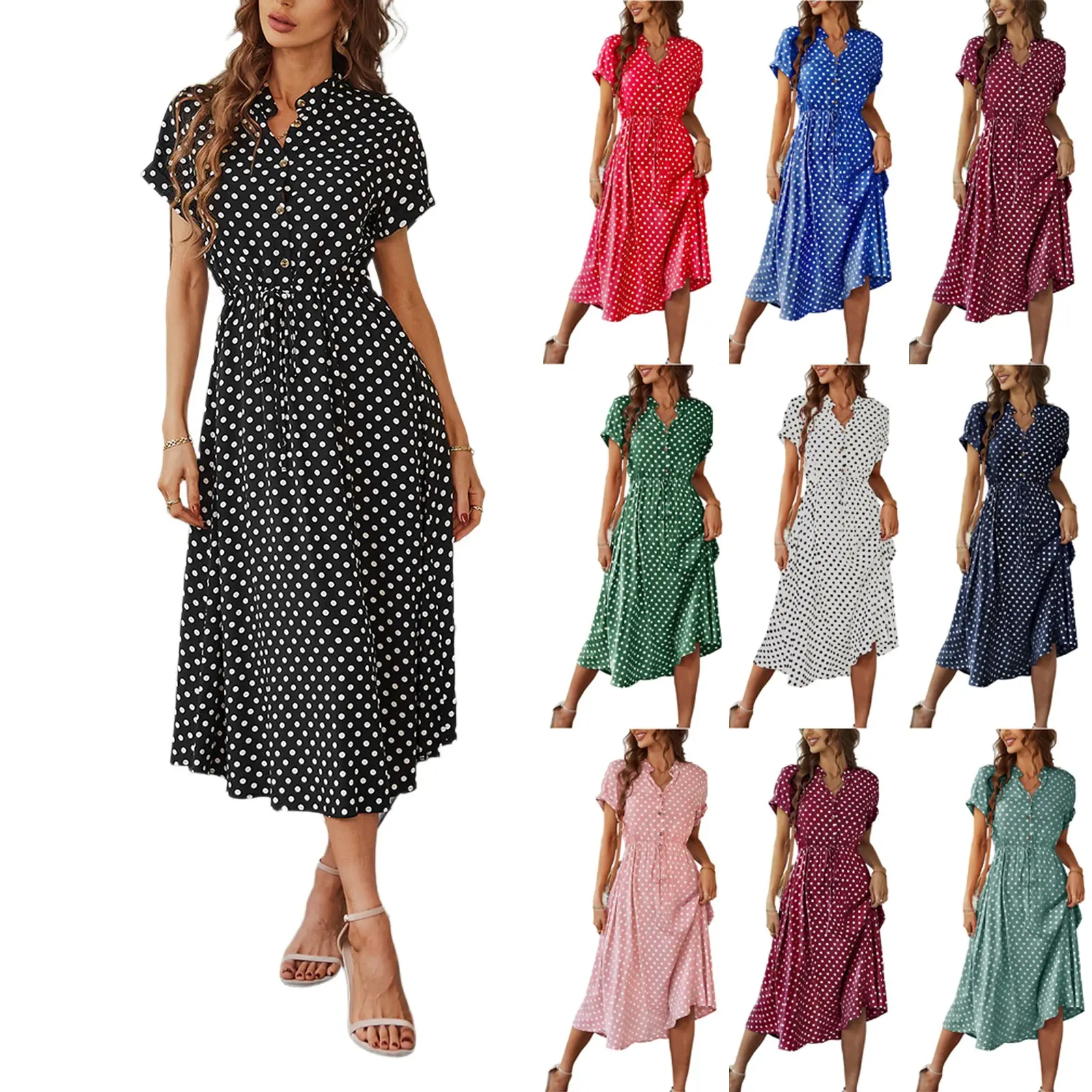 Women'S Button Printed Maxi Dress Drawstring Waist V-Neck Elegant Slim Casual Long Dress Summer Club Party Prom Dress