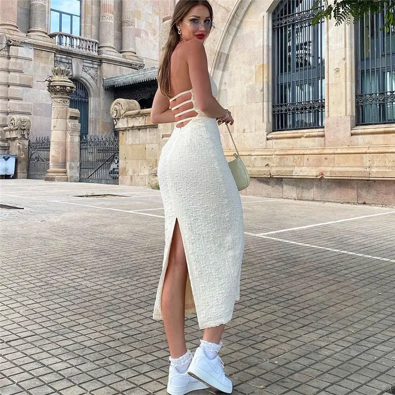 WhereMery Elegant Sleeveless Long Dresses Y2K Summer Backless Slim Low-cut Women's Dress Fashion Solid Knit Streetwear Club Robe