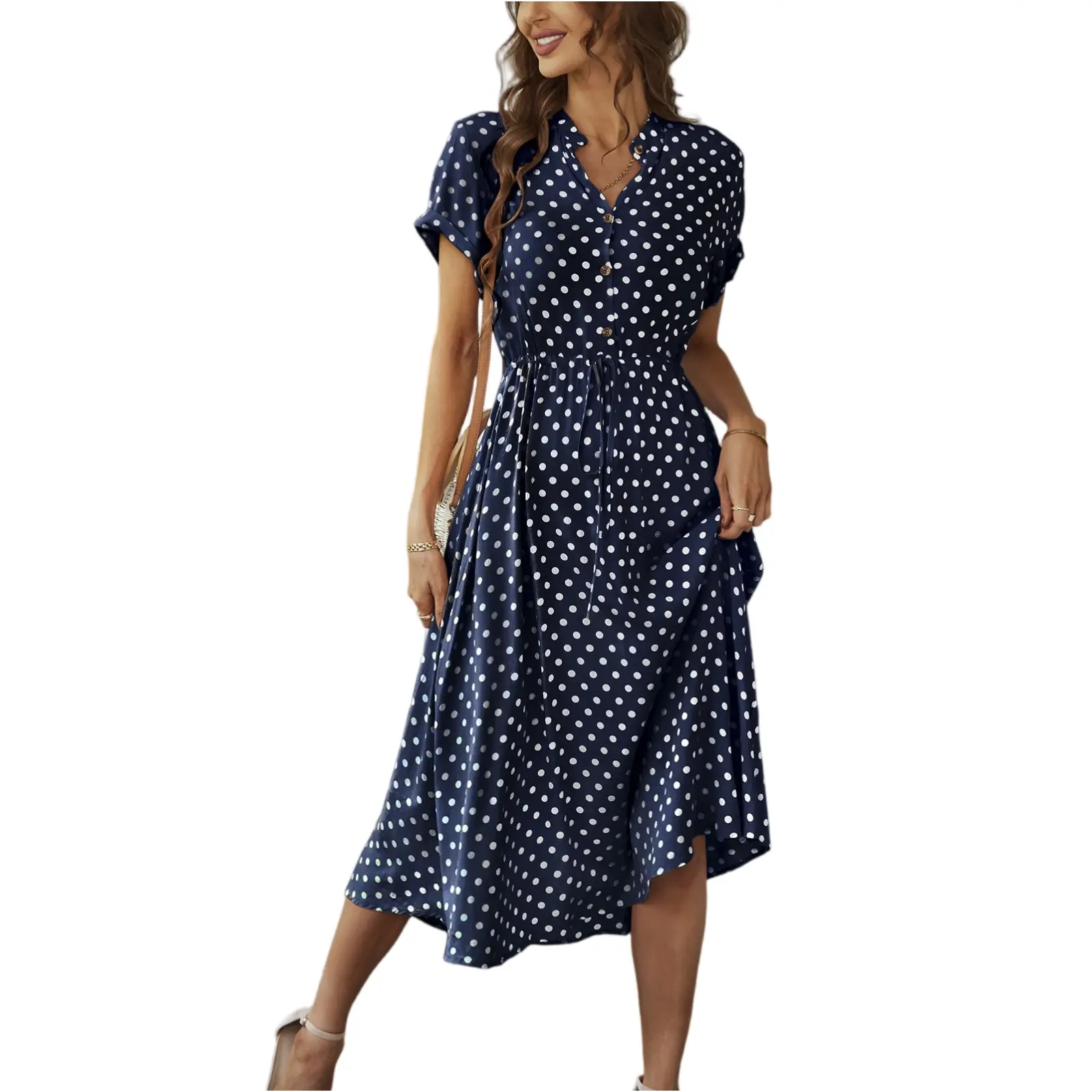 Women'S Button Printed Maxi Dress Drawstring Waist V-Neck Elegant Slim Casual Long Dress Summer Club Party Prom Dress