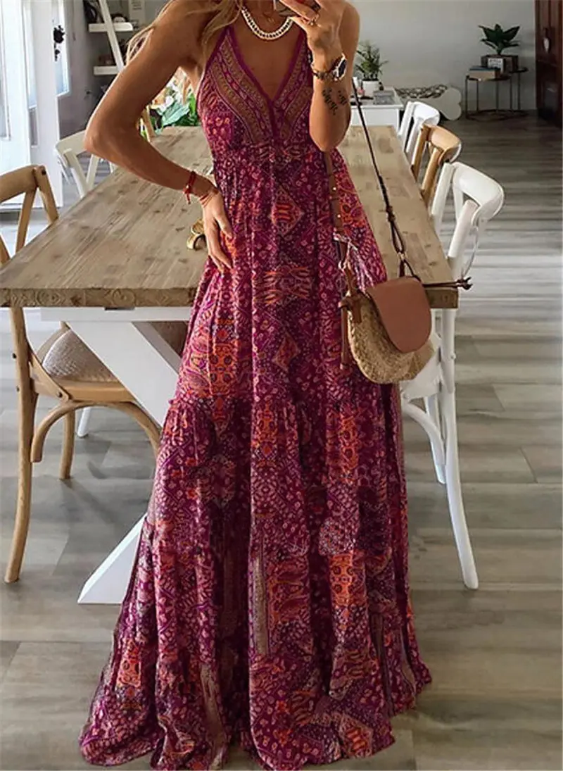 European And American New 2023 Bohemian Style New Strap Long Dress High Waist V-Neck Printed Fragmented Flower Dress Women's Wea
