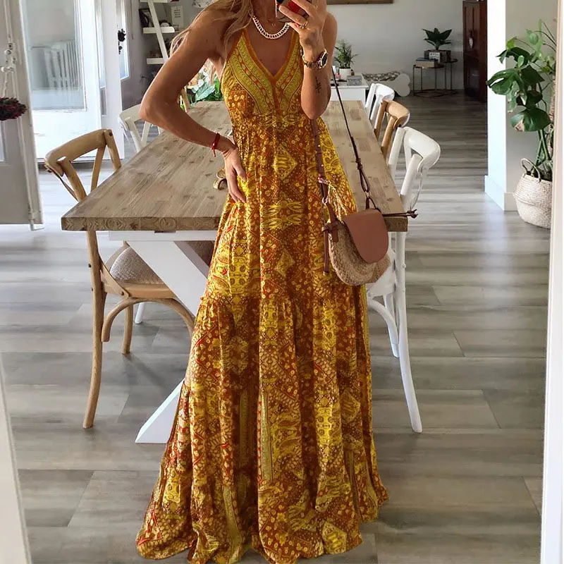 European And American New 2023 Bohemian Style New Strap Long Dress High Waist V-Neck Printed Fragmented Flower Dress Women's Wea