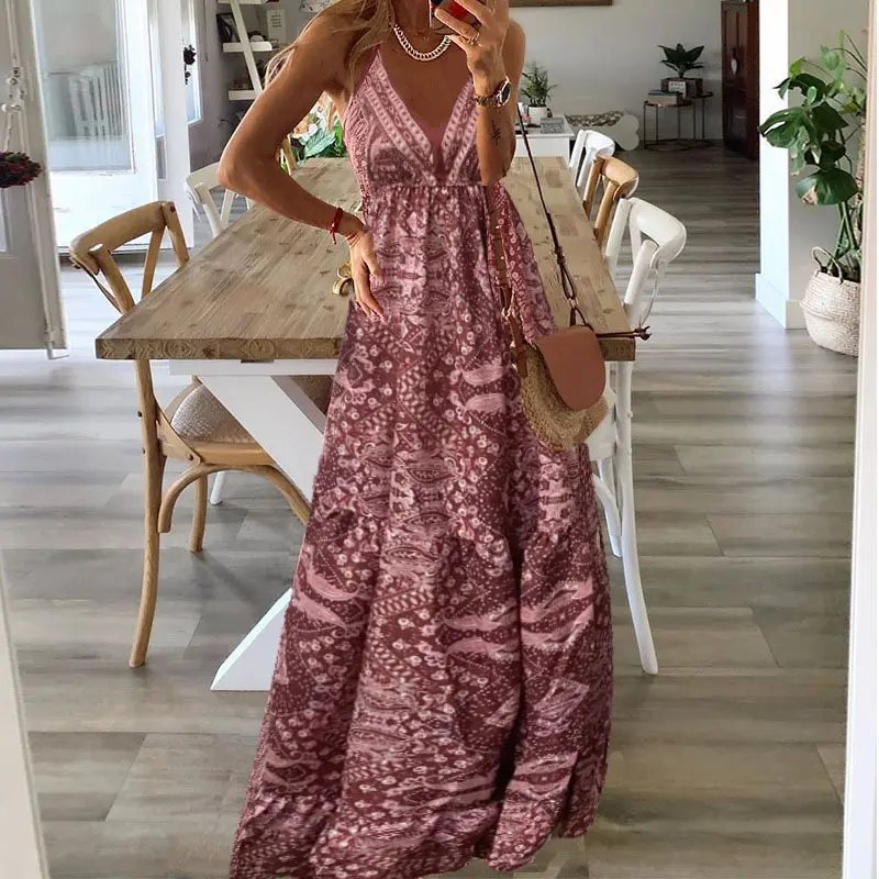 European And American New 2023 Bohemian Style New Strap Long Dress High Waist V-Neck Printed Fragmented Flower Dress Women's Wea