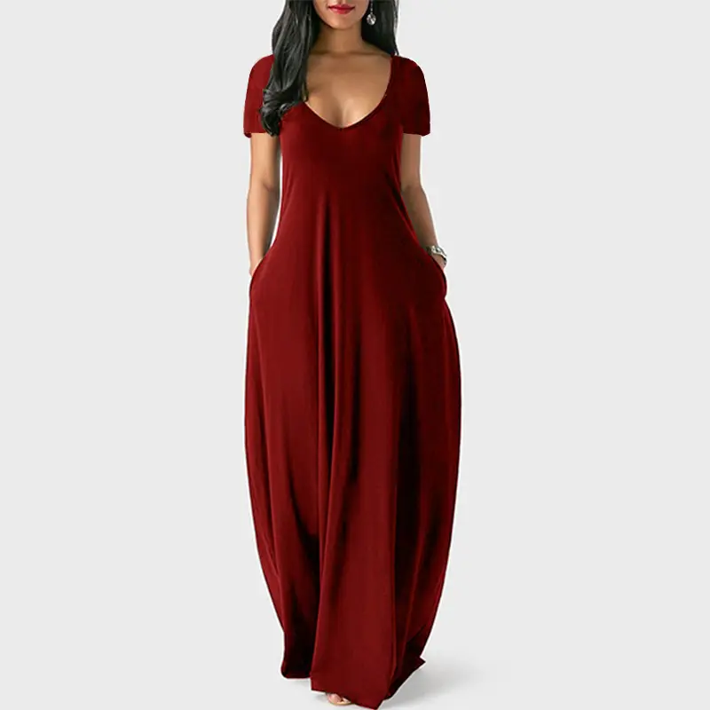 European and American summer cross-border foreign trade new plus size women's solid color dress sexy deep V short sleeved long s