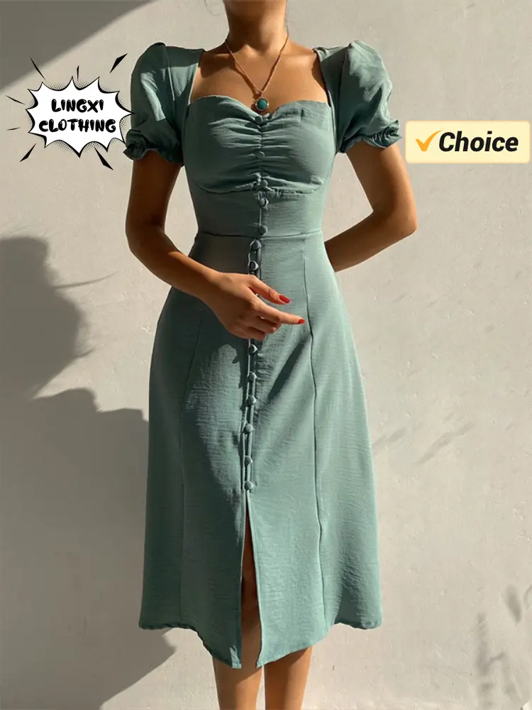 2024 Summer Fashion Summer Skirt Holiday Style Sexy Women's Dress V-neck Single Breasted Shrugged Mid Length Dress