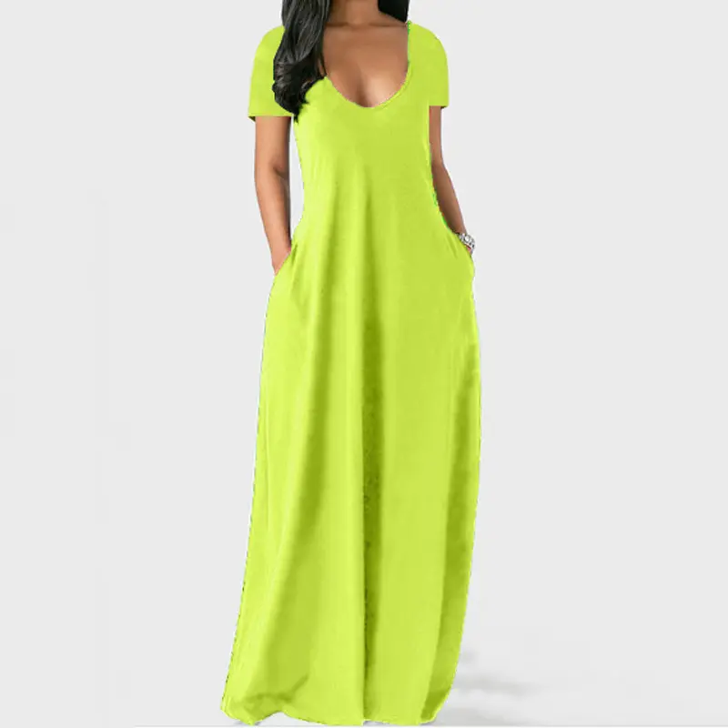 European and American summer cross-border foreign trade new plus size women's solid color dress sexy deep V short sleeved long s