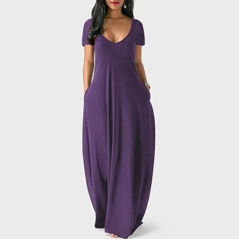 European and American summer cross-border foreign trade new plus size women's solid color dress sexy deep V short sleeved long s