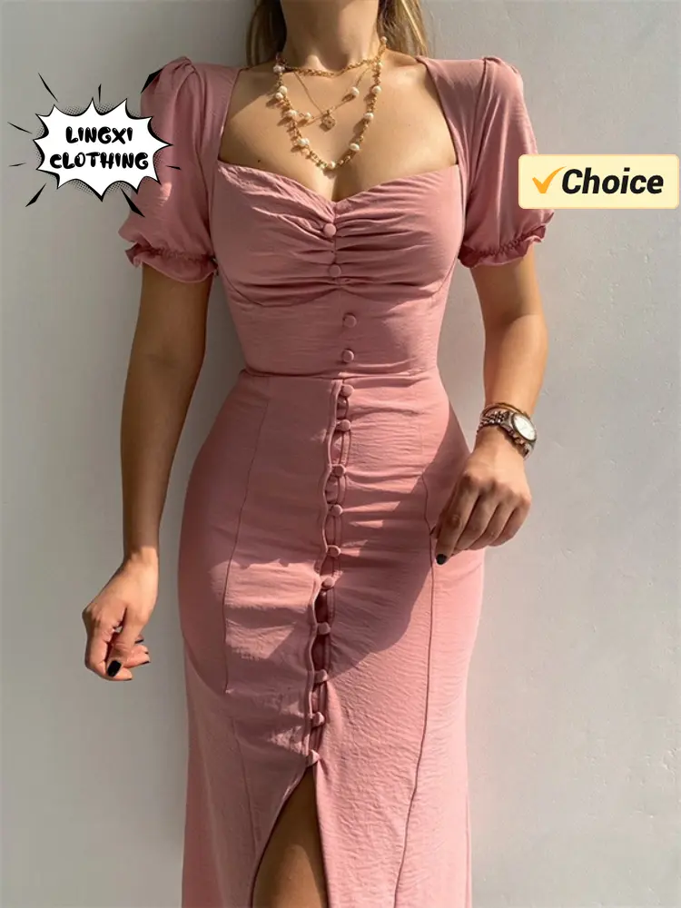 2024 Summer Fashion Summer Skirt Holiday Style Sexy Women's Dress V-neck Single Breasted Shrugged Mid Length Dress