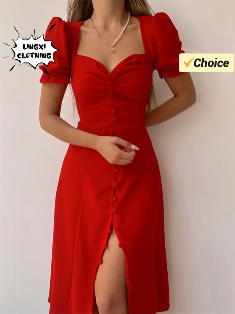 2024 Summer Fashion Summer Skirt Holiday Style Sexy Women's Dress V-neck Single Breasted Shrugged Mid Length Dress